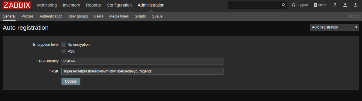 Zabbix GUI Auto Registration configuration